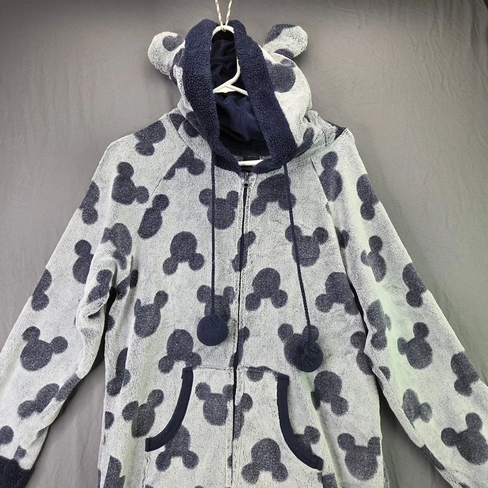 Disney Mickey Mouse Fleece Onesie Union Suit Womens L Grey Navy Excellent Hood - Picture 2 of 15